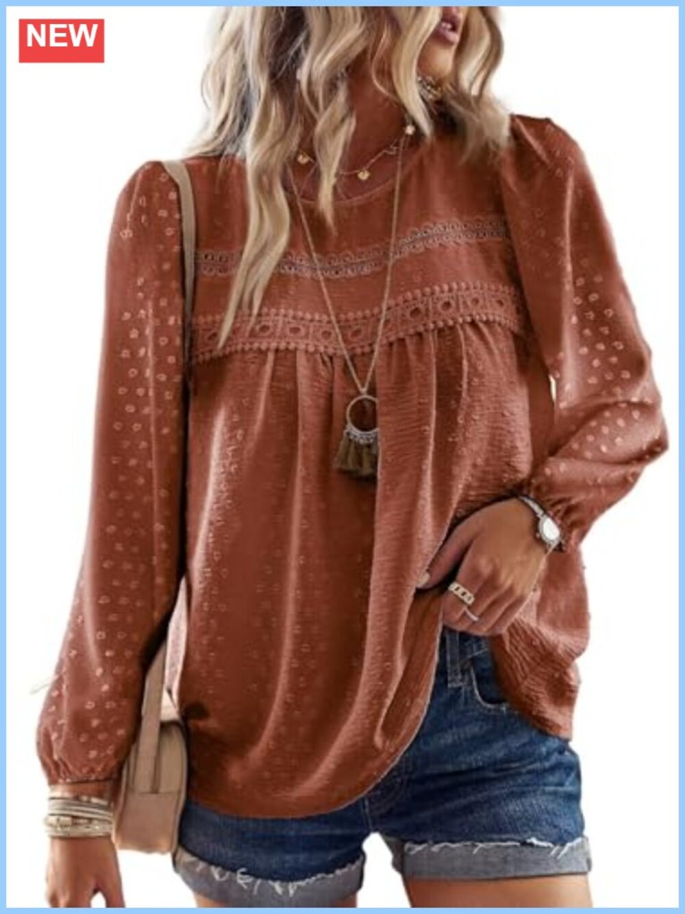 Womens Crochet Lace Boho Tunic Long Sleeve Casual Top